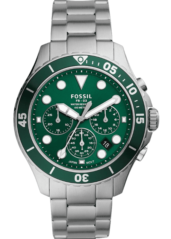 Fossil FB-03 Chronograph Green Dial Silver Steel Strap Watch for Men - FS5726