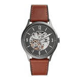 Fossil Forrester Automatic Skeleton Grey Dial Brown Leather Strap Watch for Men - ME3178