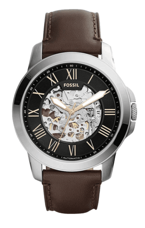 Fossil Grant Automatic Skeleton Black Dial Brown Leather Strap Watch for Men - ME3100