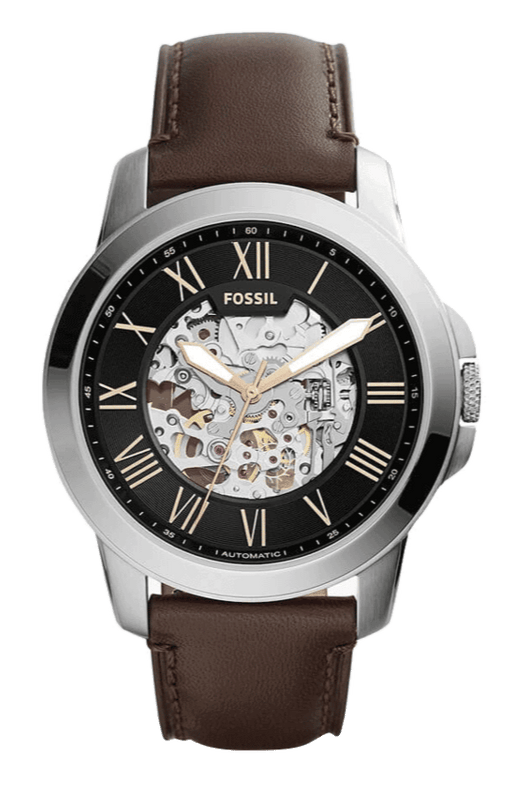 Fossil Grant Automatic Skeleton Black Dial Brown Leather Strap Watch for Men - ME3100