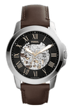 Fossil Grant Automatic Skeleton Black Dial Brown Leather Strap Watch for Men - ME3100