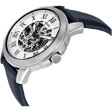 Fossil Grant Automatic Skeleton Silver Dial Blue Leather Strap Watch for Men - ME3111