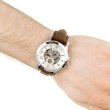 Fossil Grant Automatic White Dial Brown Leather Strap Watch for Men - ME3052
