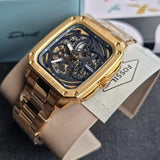 Fossil Inscription Automatic Skeleton Black Dial Gold Steel Strap Watch for Men - BQ2573