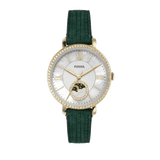 Fossil Jacqueline Multifunction Moonphase Mother of Pearl White Dial Green Leather Strap Watch for Women - ES5244