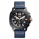 Fossil Modern Machine Chronograph Black Dial Blue Leather Strap Watch for Men - FS5066