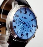 Fossil Pilot Chronograph Sky Blue Dial Black Leather Strap Watch for Men - FS5162