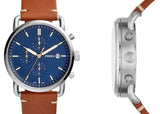 Fossil The Commuter Blue Dial Brown Leather Strap Watch for Men - FS5401