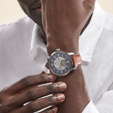 Fossil Townsman Automatic Skeleton Blue Dial Brown Leather Strap Watch for Men - ME3154