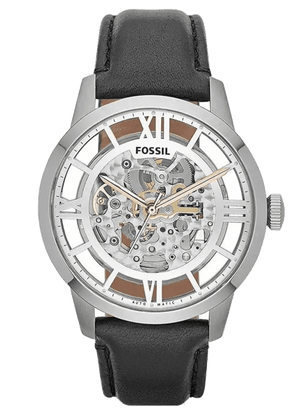 Fossil Townsman Automatic Skeleton Silver Dial Black Leather Strap Watch for Men - ME3041