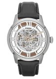 Fossil Townsman Automatic Skeleton Silver Dial Black Leather Strap Watch for Men - ME3041