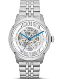 Fossil Townsman Automatic Skeleton Silver Dial Silver Steel Strap Watch for Men - ME3044