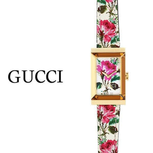 Gucci G-Frame Floral Mother of Pearl Dial White Leather Strap Watch For Women - YA147406