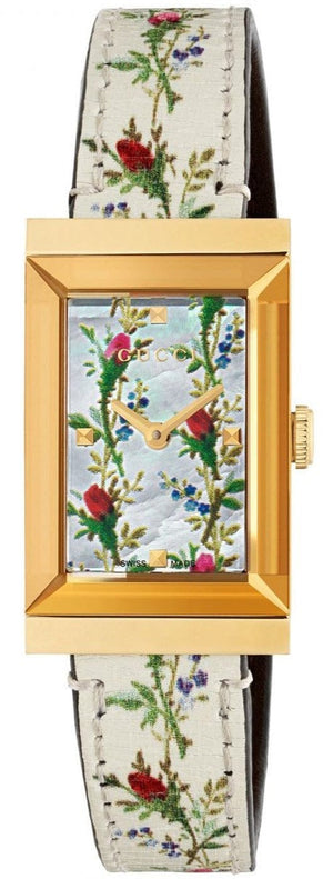 Gucci G-Frame Floral Mother of Pearl Dial White Leather Strap Watch For Women - YA147407
