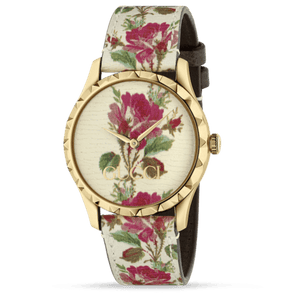 Gucci G Timeless Floral Gold Dial White Leather Strap Watch For Women - YA1264084