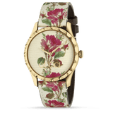 Gucci G Timeless Floral Gold Dial White Leather Strap Watch For Women - YA1264084