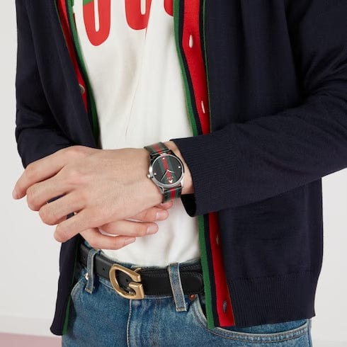 Gucci G Timeless Quartz Black Dial Multicolored Black Leather Strap Watch For Men - YA1264079