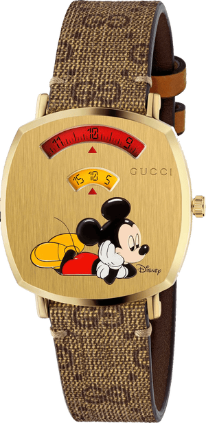 Gucci Grip Disney Mickey Mouse Gold Dial Brown Leather Strap Watch For Women - YA157420