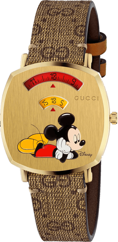Gucci Grip Disney Mickey Mouse Gold Dial Brown Leather Strap Watch For Women - YA157420