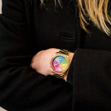 Guess Confetti Chronograph Rainbow Dial Gold Steel Strap Watch For Women  - GW0483L4