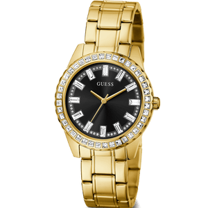 Guess Sparkler Diamonds Black Dial Gold Steel Strap Watch for Women - GW0111L2