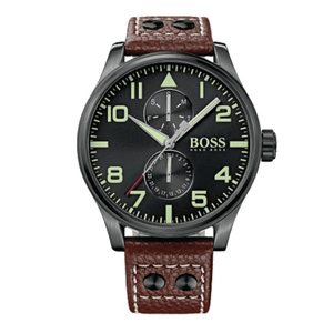 Hugo Boss Aeroliner Maxx Black Dial Brown Leather Strap Watch For Men - 1513079
