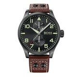 Hugo Boss Aeroliner Maxx Black Dial Brown Leather Strap Watch For Men - 1513079