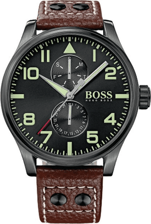 Hugo Boss Aeroliner Maxx Black Dial Brown Leather Strap Watch For Men - 1513079