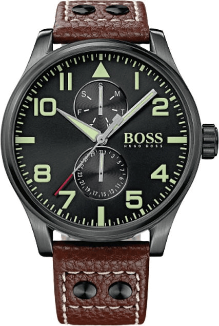 Hugo Boss Aeroliner Maxx Black Dial Brown Leather Strap Watch For Men - 1513079