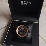 Hugo Boss Grand Prix Chronograph Black Dial Black Leather Strap Watch for Men - 1513550