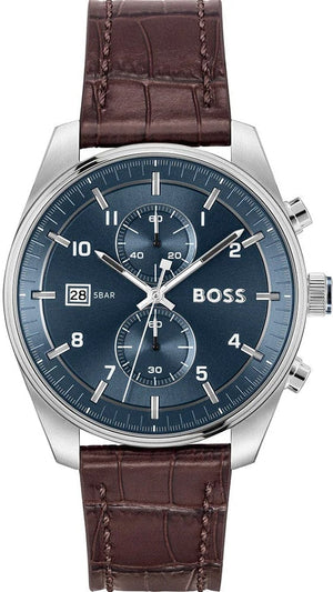 Hugo Boss Skytraveller Chronograph Blue Dial Brown Leather Strap Watch for Men - 1514194