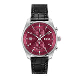 Hugo Boss Skytraveller Chronograph Burgundy Red Dial Black Leather Strap Watch for Men - 1514193