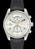 Hugo Boss Skytraveller Chronograph Silver Dial Black Leather Strap Watch for Men - 1514147