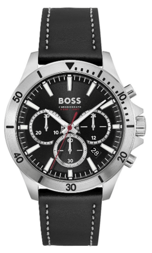 Hugo Boss Troper Chronograph Black Dial Black Leather Strap Watch for Men - 1514055