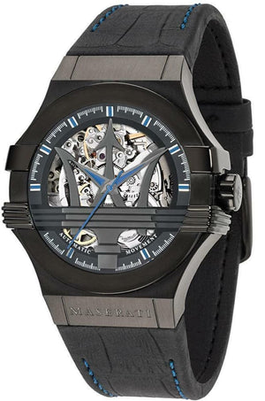 Maserati Potenza Automatic Black Dial Black Leather Strap Watch For Men - R8821108009