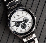 Maserati SFIDA Chronograph White Dial Silver Steel Strap Watch For Men - R8873640003