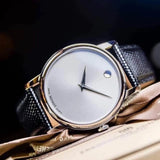 Movado Museum Silver Dial Black Leather Strap Watch For Women - 2100003