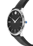 Movado Ultra Slim Black Dial Black Leather Strap Watch For Men - 0607086