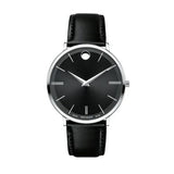 Movado Ultra Slim Black Dial Black Leather Strap Watch For Men - 0607086