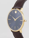 Movado Ultra Slim Blue Dial Brown Leather Strap Watch For Men - 0607088