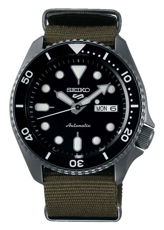 Seiko 5 Sport Automatic Black Dial Green Nylon Strap Watch For Men - SRPD65K4
