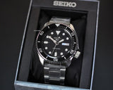 Seiko 5 Sports Automatic Day Date Black Dial Silver Steel Strap Watch for Men - SRPD55K1