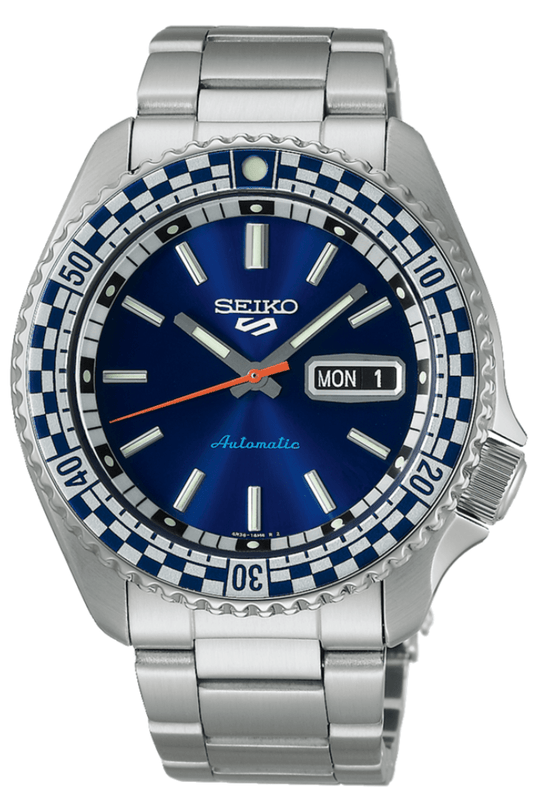 Seiko 5 Sports Petrol Blue Checker Flag Special Edition Blue Dial Silver Steel Strap Watch For Men - SRPK65K1