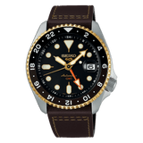 Seiko 5 Sports SKX GMT Automatic Mocha Black Dial Brown Leather Strap Watch For Men - SSK036K1