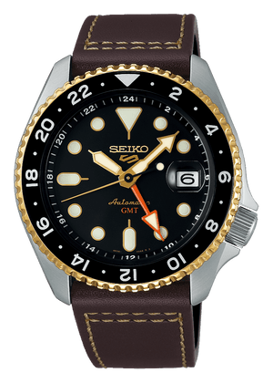 Seiko 5 Sports SKX GMT Automatic Mocha Black Dial Brown Leather Strap Watch For Men - SSK036K1