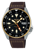 Seiko 5 Sports SKX GMT Automatic Mocha Black Dial Brown Leather Strap Watch For Men - SSK036K1