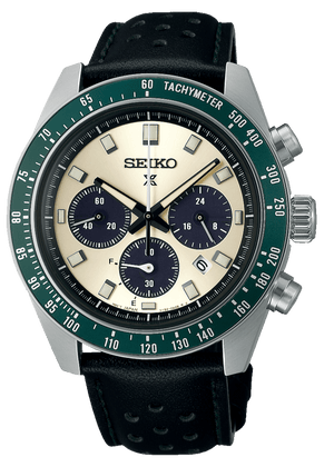 Seiko Prospex Speedtimer Solar Chronograph Ivory Dial Black Leather Strap Watch for Men - SSC943
