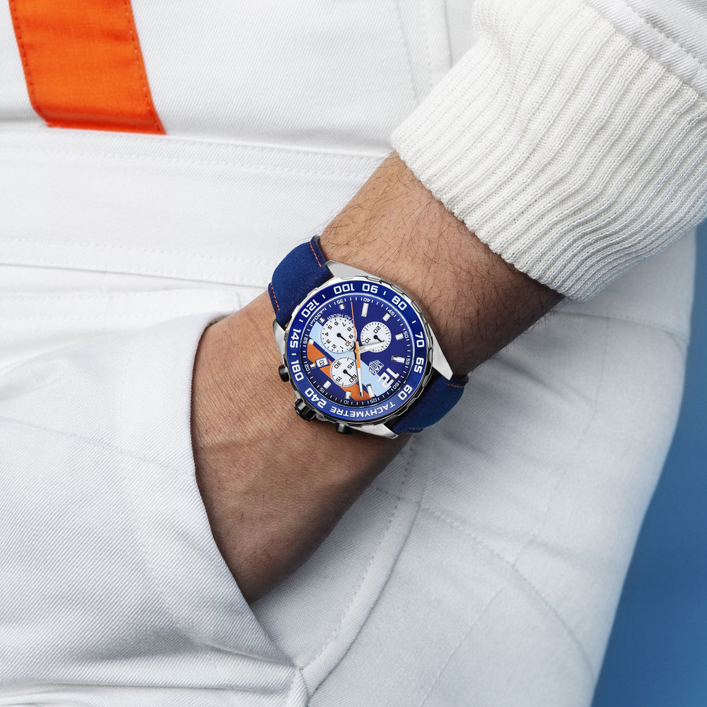 Tag Heuer Formula 1 Gulf Edition Blue Dial Blue Leather Strap Watch for Men - CAZ101N.FC8243