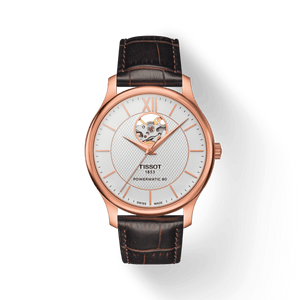 Tissot Tradition Powermatic 80 Open Heart Silver Dial Brown Leather Strap Watch For Men - T063.907.36.038.00