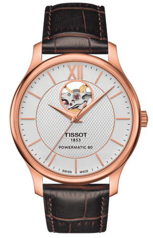 Tissot Tradition Powermatic 80 Open Heart Silver Dial Brown Leather Strap Watch For Men - T063.907.36.038.00